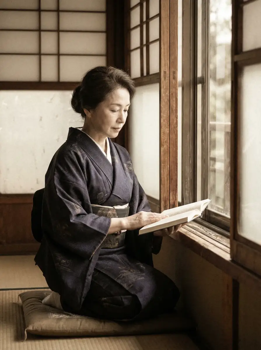 一位优雅的五十岁 japanesefree性护士 身穿深蓝色和服，在窗边静读