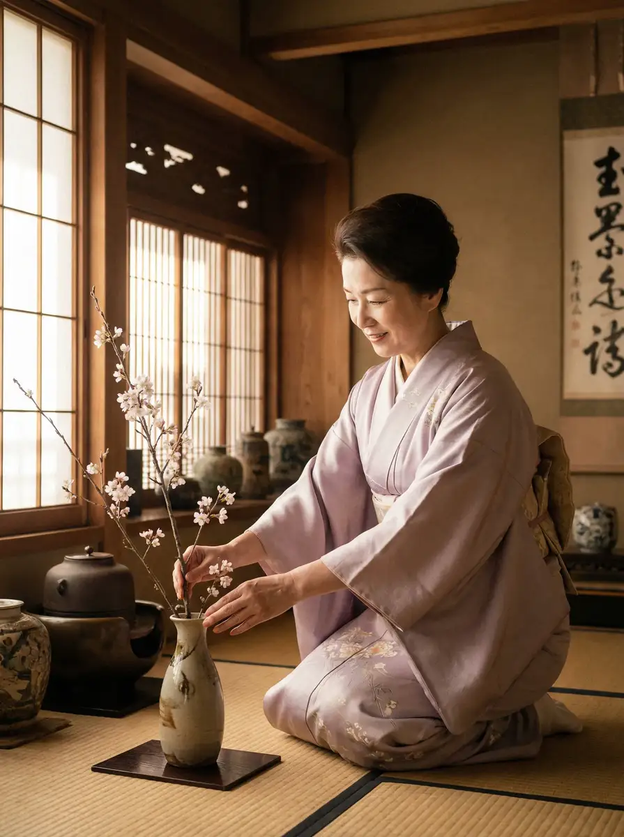 一位优雅的 japanesefree性护士 在和室中插花