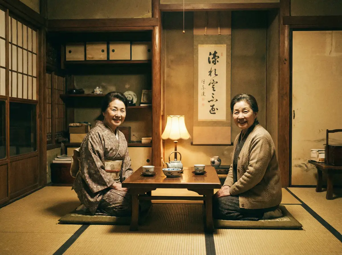 两位优雅的 japanesefree性护士 在日式茶室中品茶交谈